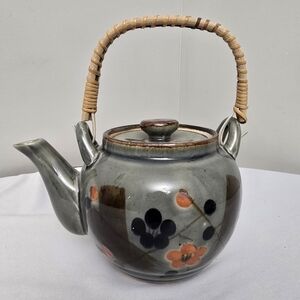 Vintage Japanese Ceramic Tea Pot Green Glaze Tan Bamboo Woven Handle Traditional